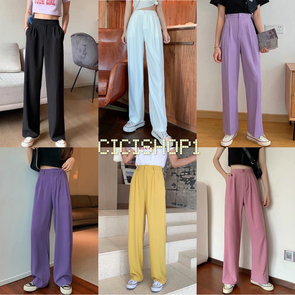 Cicishop(พร้อมส่ง)(519)กางเกงขายาวผ้าไนลอนพิเศษขากระบอกไม่ยับง่ายทรงเนี๊ยบ