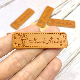 Brown "Hand Made" PU Labels for Handmade Items Girl Motif Synthetic PU Leather Tags 50x15mm