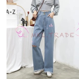 👖👖 MKL ⚡🚚 กางเกงยีนส์เอวสูง ขาบาน แต่งขาดสองข้าง 💖#8012