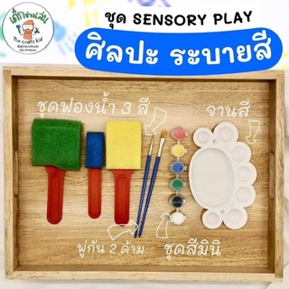 ชุด Montessori sensory play สำหรับกิจกรรมศิลปะ วาดรูป ระบายสี ชุดฟองน้ำ+จานสี+สีหลุม+พู่กัน 2 ด้าม เสริมสมาธิ สร้างสรรค์