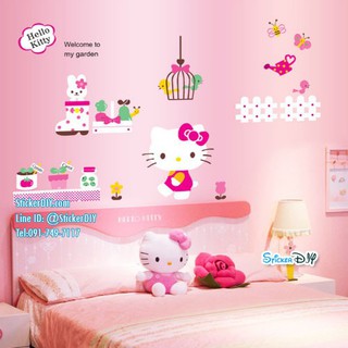 Transparent Wall sticker สติ๊กเกอร์ติดผนัง Kitty welcome to my garden (กว้าง155cm.xสูง95cm.)