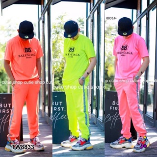 Set เสื้อสายยืดแขนสั้น สกรีนโลโก้ สีสะท้อนแสง WS8833