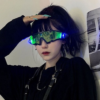 ☒⊙✲แว่นตาไซเบอร์พังค์ แว่นตาเรืองแสง ความรู้สึกของเทคโนโลยีแห่งอนาคต ชาร์จใหม่ได้ LED แว่นตา Cyberpunk สีแดงสุทธิ สาวตีก