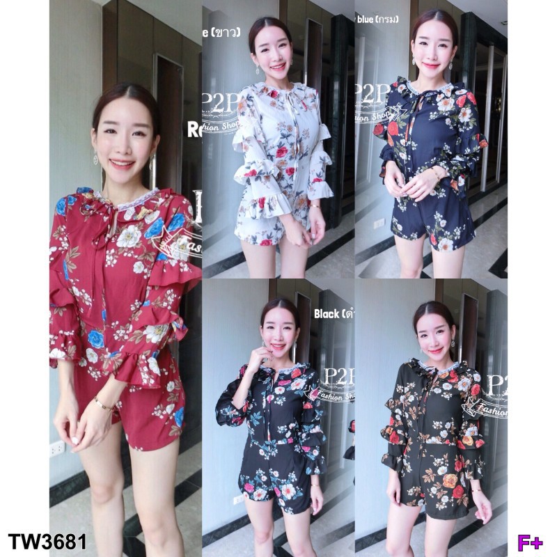TwinsShopVip พร้อมส่ง TW3681 จั้มสูทลายดอก แขนระบาย 3 ชั้น – โปรปัง