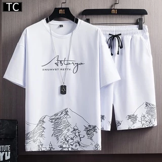 TC ชุดแฟชั่นชาย 2 ชิ้น เสื้อยืดแขนสั้น + กางเกงขาสั้น ชุดกีฬาและชุดพักผ่อนนุ่มสบายและระบายอากาศได้ดี รุ่น2781