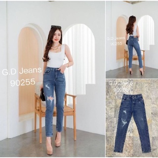 G.D.Jeans รุ่น 90255#กางเกงยีนส์ขายาวผ้าด้านทรงบอยสียีนส์ฟ้าแต่งขาดข้าง