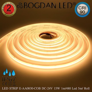 LED STRIP E-AA0830-COB-3000K DC-24V 15W/1M IP67 ยี่ห้อBOGDAN LED แอลอีดีไฟเส้นสำหรับตกแต่ง 2400LED/5M 75W/5M Grade A