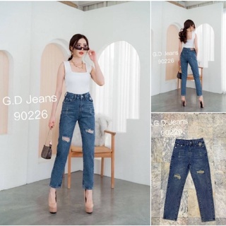 G.D.Jeans รุ่น 90226#กางเกงยีนส์ขายาวผ้าด้านทรงกระบอกฟอกสียีนส์ออกสนิมแต่งขาด