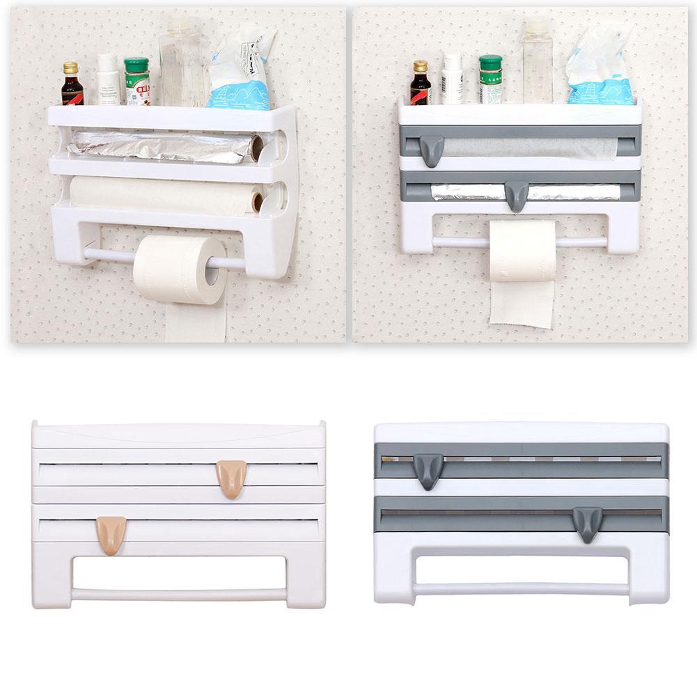 4 in 1 Kitchen Roll Dispenser Cling Film Tin Foil Wall Holder Towel