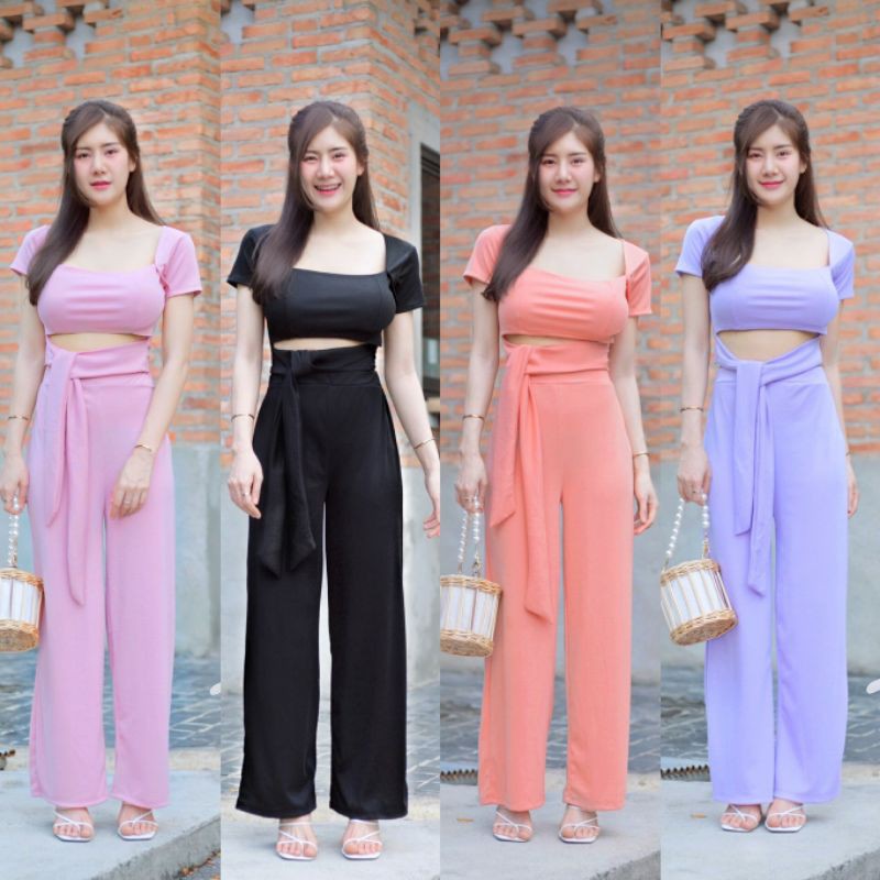? Spinnyhouse ? ชุดเซท เสื้อผูกเอว + กางเกง เสื้อครอป คอเหลี่ยม + กางเกงขายาว ผ้าร่องนุ่มมากๆ เสื้อคอเหลี่ยม ? K11. 