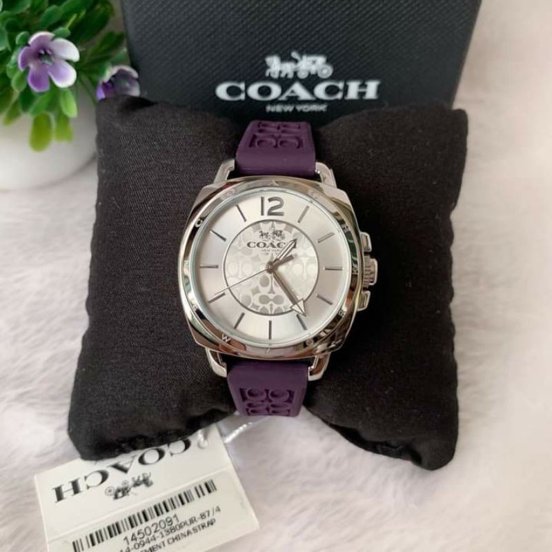 《พร้อมส่ง📦แท้💯%》COACH 14502091 Women's Boyfriend Small Rubber Strap Watch Silver/Purple Watch