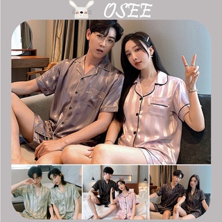 【OSEE】ชุดนอนแขนสั้น ผ้าเรยอน และผ้าซาติน แบบบาง ลายทาง ระดับไฮเอนด์ พลัสไซซ์ เรียบง่าย แฟชั่นฤดูร้อน สําหรับผู้ชาย และผู้หญิง ไซซ์ M-5XL