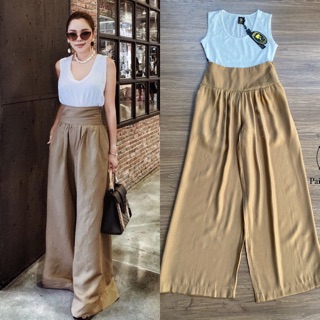 Set เสื้อยืดแขนกุด + กางเกงผ้าไหมพริ้วๆสีน้ำตาล