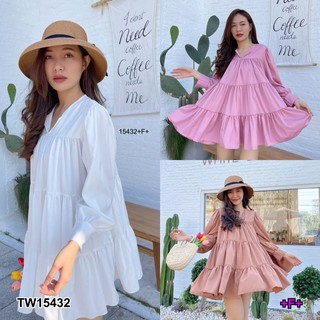 SS15432 Dress เดรสสีพื้นแขนยาวแต่งระบายเป็นชั้น