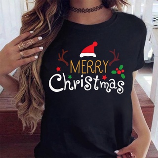 ผ้าฝ้าย 100%เสื้อยืดแขนสั้นพิมพ์ลายการ์ตูน merry christmas สําหรับผู้หญิงS-3XL