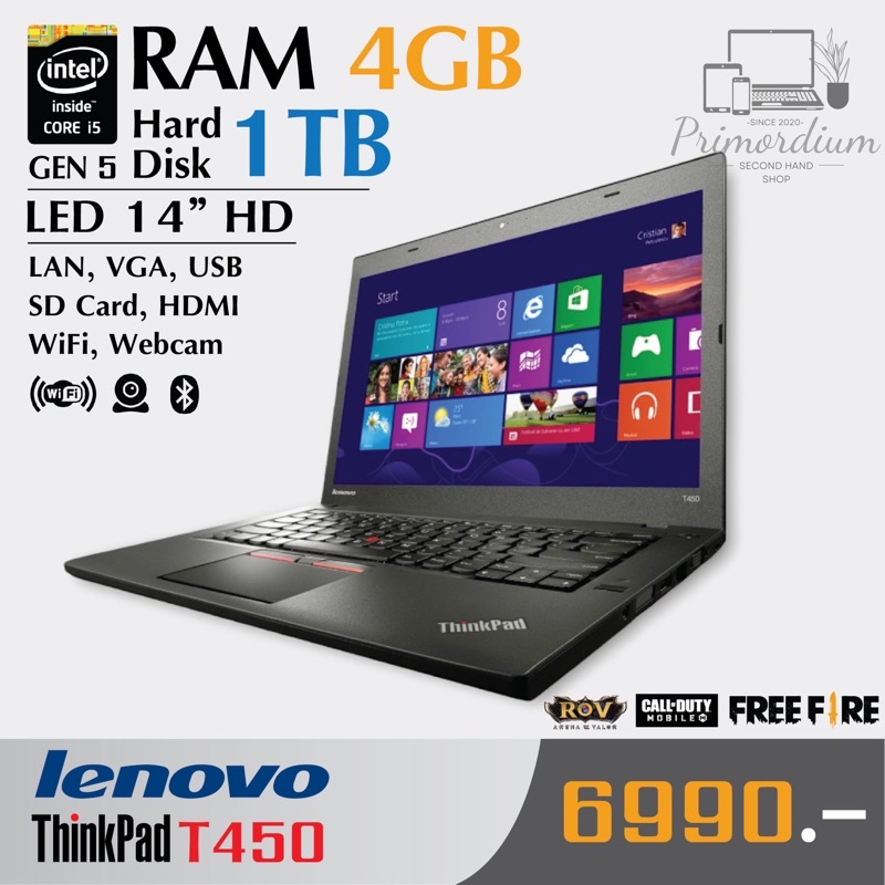 🔥 Lenovo ThinkPad T450 โน๊ตบุ๊คมือสอง สภาพใหม่ Intel Core i5 Gen5 /RAM 4GB /HDD 1TB /HDMI /Webcam /WiFi /Bluetooth 🔥