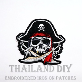 ☠ ตัวรีดติดเสื้อ งานปัก ลาย โจรสลัด หัวกะโหลก สัญลักษณ์ ดาบ มีด Pirates Skull Patch WOP DIY ตัวรีด กระเป๋า อาร์มติดเสื้อ