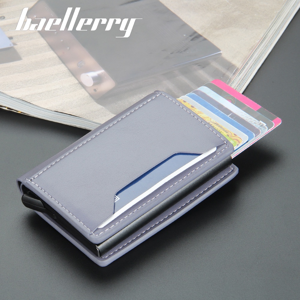 Baellerry RFID กระเป๋าใส่บัตร อลูมิเนียม ป้องกันการโจรกรรม แบบแม่เหล็ก อัตโนมัติ สําหรับผู้ชาย