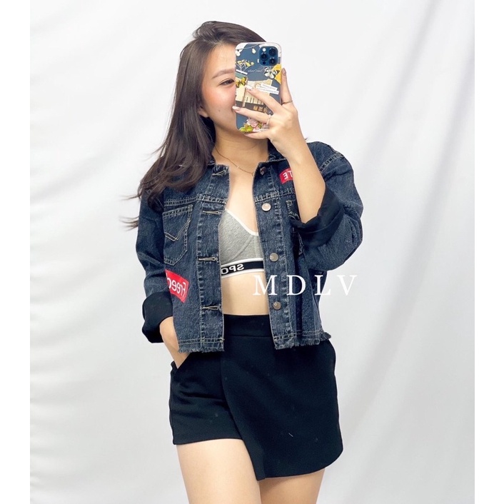 MDLV ~ Freedom Snowblack แจ็คเก็ตยีนส์คุณภาพดีกางเกงยีนส์แจ็คเก็ตผู้หญิง Crop Jeans Jacket ล่าสุดกาง