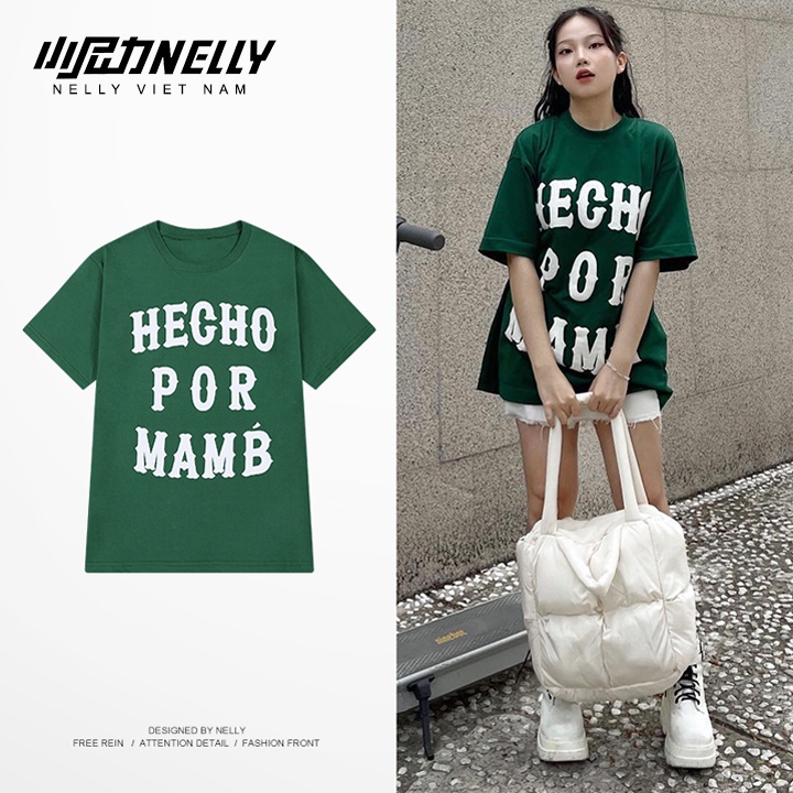 Nelly NELLY อินเทรนด์ HECHO เสื้อยืดผ้าฝ้าย 100% ยืด 2 ทิศทาง·พรีเมี่ยมหลวมรูปแบบ unisex แขนสั้นสําห