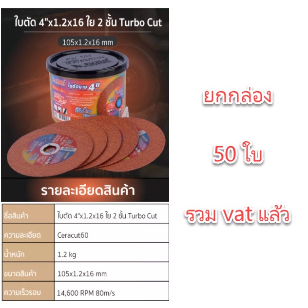 **ยกกล่อง 50 ใบ ** ใบตัดบาง SUMO TURBO CUT ใบตัดสแตนเลส SUMO 4 นิ้ว x 1.2 x 16 ใย 2 ชั้น