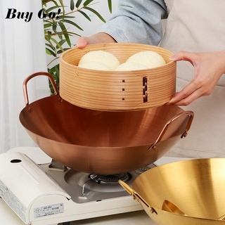 ❧▣▬New Kitchen Chinese Wok Uncoated Stainless Steel Non-stick Pan Fried Steak Cookware With Lid and Round Wok Rack For G