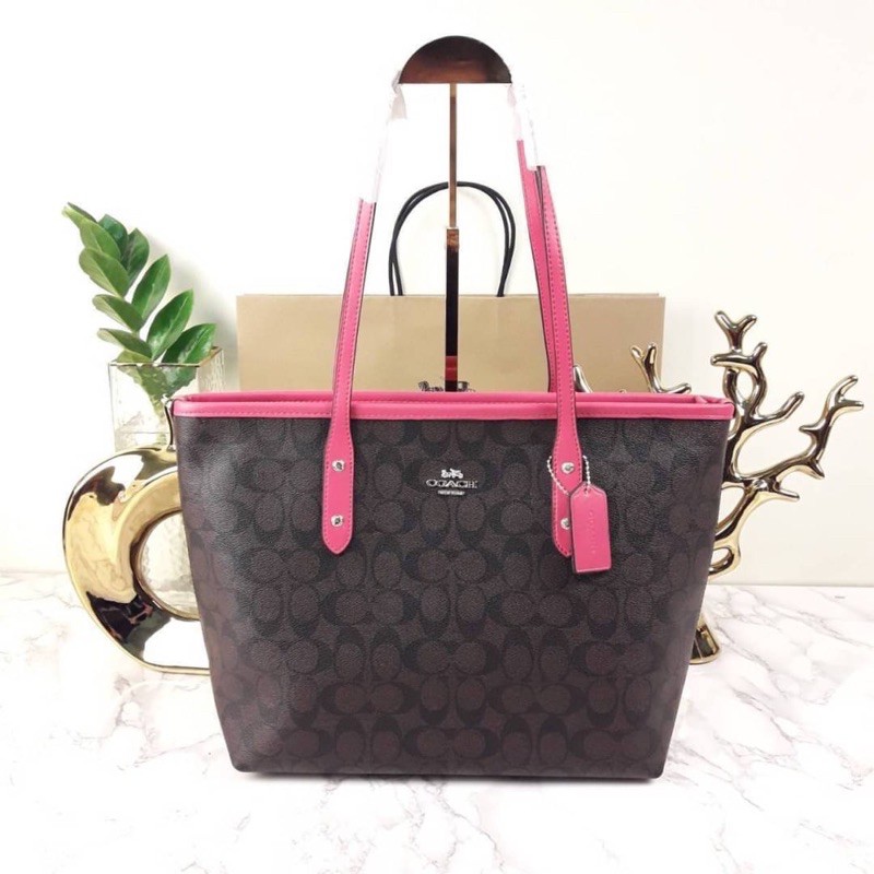 COACH CITY ZIP TOTE IN SIGNATURE COATED CANVAS (COACH F58292) 🔻COLOR : BROWN/STRAWBERRY/IMITATION GO