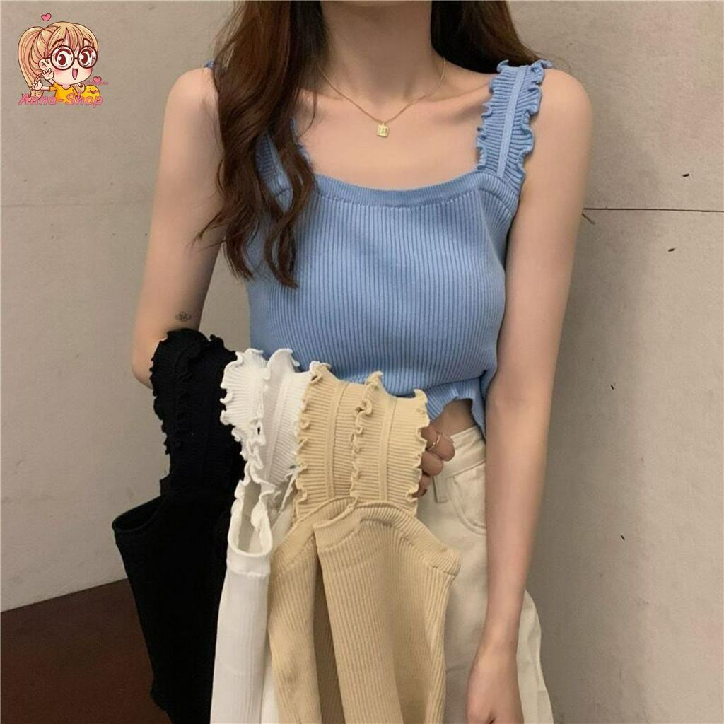 annacny เสื้อสายเดี่ยวไหมพรม สีพลาสเทล สายแต่งจีบ แฟชั่นผู้ญิง TS6808