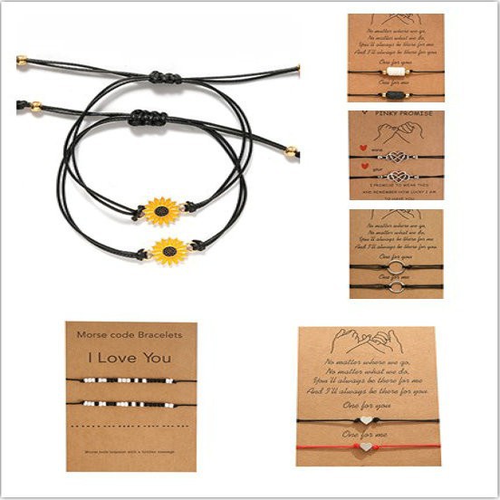 Gmai 2 ชิ้นสร้อยข้อมือคู่เกาหลีผู้หญิงปรับ Handmade Knot สายรัดข้อมือ Love Sun Star กระดาษการ์ดกําไลข้อมือชุดของขวัญเครื่องประดับ