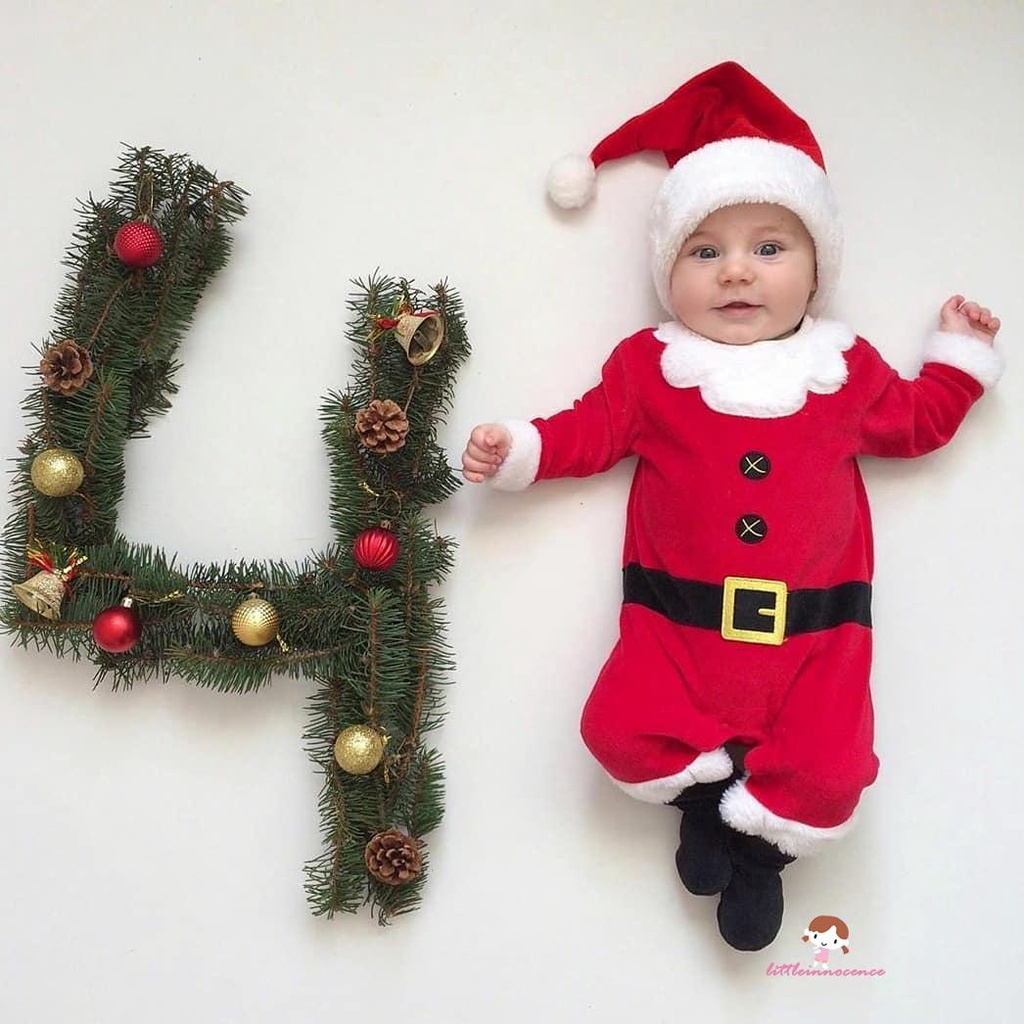 Innocence-ชุดคริสต์มาสสําหรับเด็กทารก Rompers, จั๊มสูทคอกลมแขนยาวพร้อมหมวก Santa คอสเพลย์เครื่องแต่งกาย