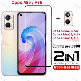 2 in 1 ฟิล์มกระจกนิรภัยกันรอยหน้าจอ แบบเต็มจอ สําหรับ Oppo A96 A76 A16 A16K A36 A74 A54 A95 A15 A55 A96 A 96 76 16 36 74 95 15 55 4G 5G