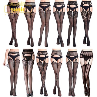 SUBEI Sexy Fishnet Stocking Stripe Pantyhose Lingerie Women Jacquard Embroidery Thigh Sheer Transparent Black Plus Size Tights