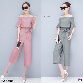 👗Pfashion [ส่งไว!!🚛] P6700 จั้มสูท ปาดไหล่ แขนระบาย ลายริ้ว ผูกเอว  Jumpsuit, off the shoulder, ruffled sleeve