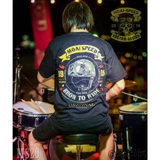 เสื้อยืดผ้าฝ้ายพรีเมี่ยม  20 Born to Rideเสื้อยืด สีดำ เสื้อไบค์เกอร์ รถแข่ง Moai Speed T-Shirt ผ้าคอตตอน สกรีนลาย S M