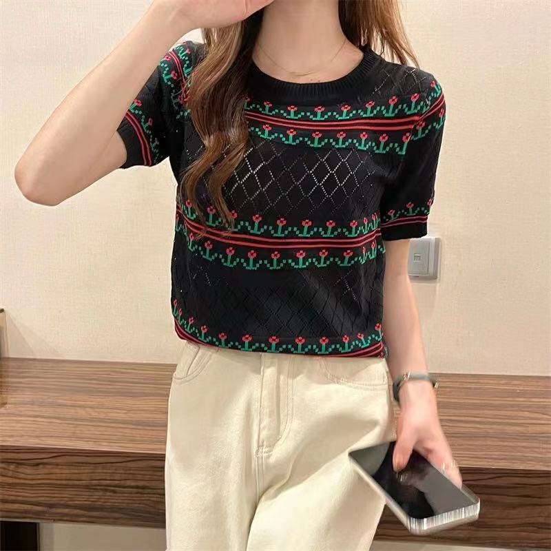 💕*Miki-Shop🔥 พร้อมส่ง*เสื้อไหมพรม แขนสั้น คอกลม พิมพ์ลายน่ารัก8793*