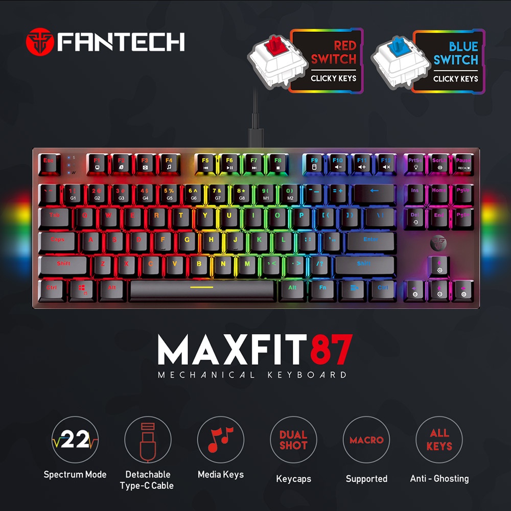 Fantech MAXFIT87 MK856 Gaming RGB คีย์บอร์ดแบบกลไก Anti-Ghosting ที่ถอดออกได้ประเภท C แผงด้านข้าง RG