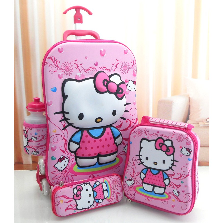 นําเข้า TURLY TROLLEY PRIMARY SCHOOL CHILDRENS SCHOOL BAG HK HELLO KITTY นูน MOTIF 3D 4IN1 ชุด 6 ล้อ