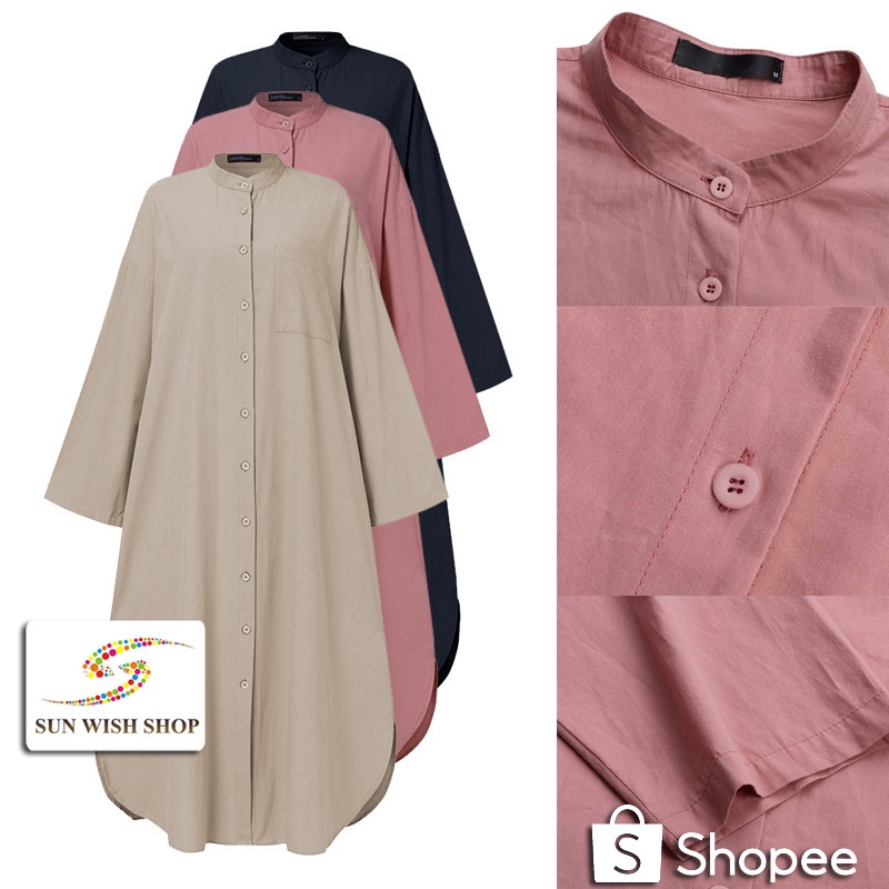 SUNWISH SWS112602 ลําลองรอบคอผ้าฝ้ายปุ่มยาวเสื้อ Muslimah Kemeja Labuh Wanita