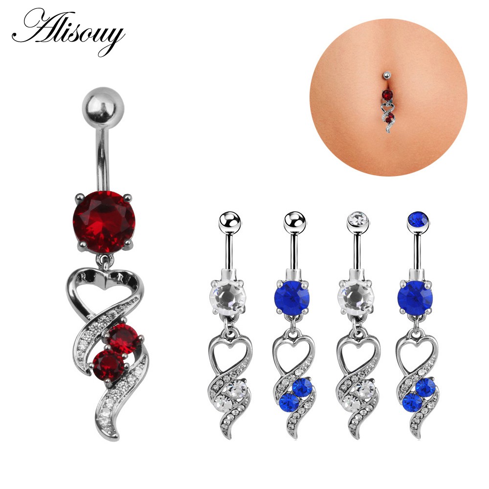 Alisouy 1PC แหวนปุ่มท้องเหล็กผ่าตัดป้องกันภูมิแพ้แหวนท้องสะดือheixเจาะสีแดงสีฟ้า CZ Body เครื่องประดับ