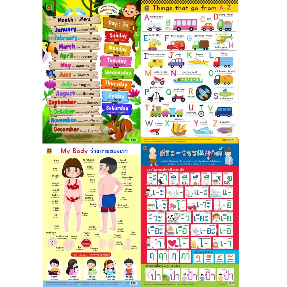 Aksara for kids โปสเตอร์ หุ้มพลาสติก สัตว์ ผัก ผลไม้ ก.ไก่ ABC สี ตัวเลข ฯลฯ คละ thumbnail 5