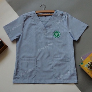 #เสื้ออนามัยริ้วฟ้าคอวีกระดุมบ่า
