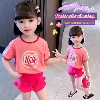 onekid🚚INS เสื้อผ้าเด็กฤดูร้อนสไตล์เกาหลีเสื้อยืดแขนสั้นเด็กหญิงผ้าฝ้ายแท้สาวน้อยตัวอักษรสีชมพูเสื้อสีตัดกันชุดแฟชั่น