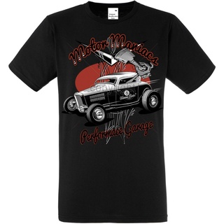 เสื้อยืดผ้าฝ้าย เสื้อยืดลําลอง แขนสั้น พิมพ์ลายรถยนต์ V8 Hot Rod US Car `50 Style Motif สีดํา สําหรับผู้ชาย 983448