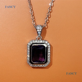 Fancy สร้อยคอ จี้รูปสี่เหลี่ยม ประดับเพทาย สีม่วง เรียบง่าย หรูหรา เครื่องประดับแฟชั่น สําหรับผู้หญิง งานเลี้ยง งานแต่งงาน