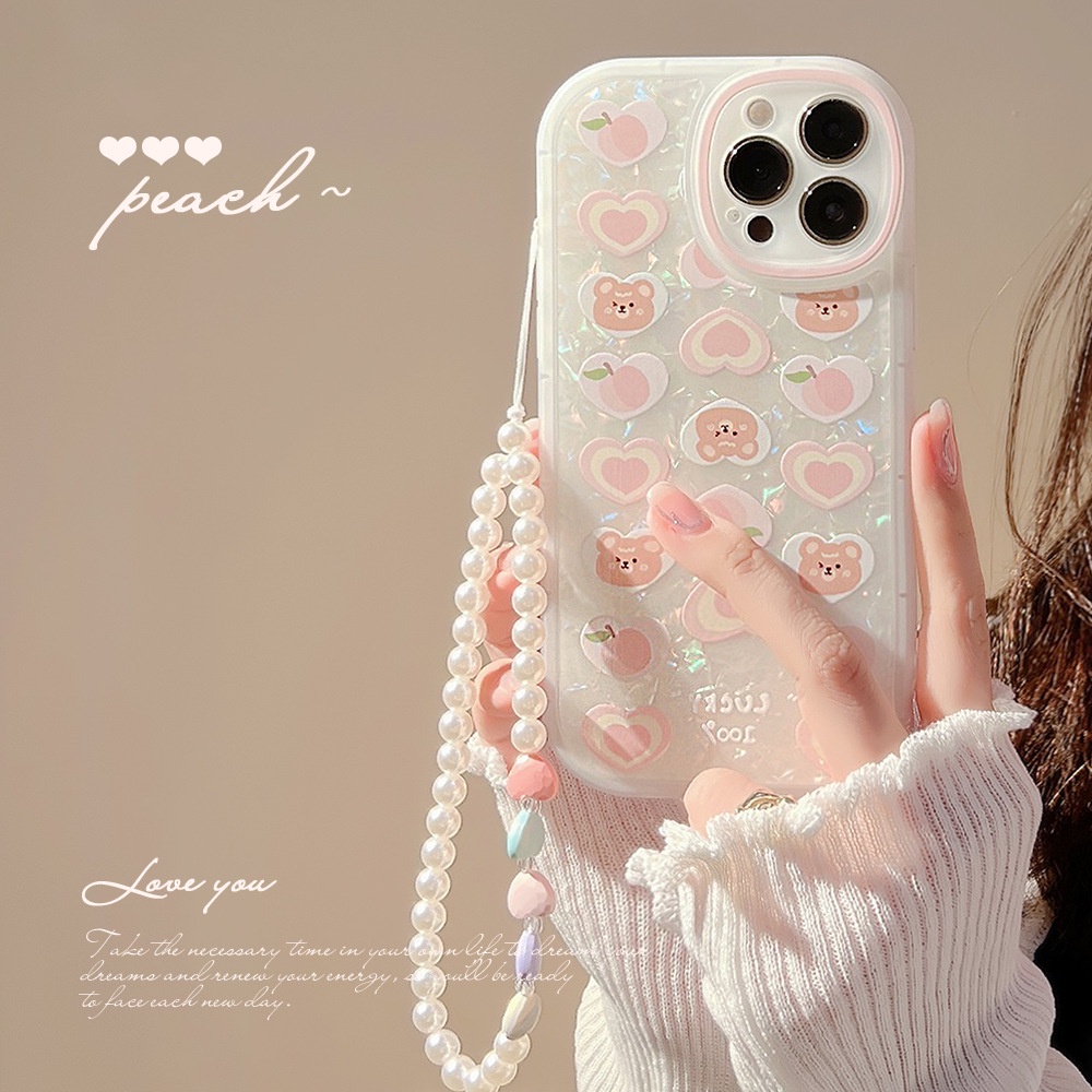 เคสโทรศัพท์มือถือ ลายหมีพีช หัวใจ ประดับมุก พร้อมสายโซ่คล้อง สําหรับ iPhone 14 7 8 Plus + XS XR Max SE 11 12 13 14 Pro Max mini TPU Case-Dinuo Case-III/TX