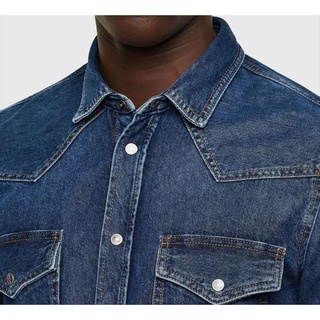 มาใหม่ล่าสุดMM เลื้อยีนส์ลำลองแขนยาวผู้ชายสี Indigo denim (สีคราม) สไตล์ Western shirt ทรงสลิม