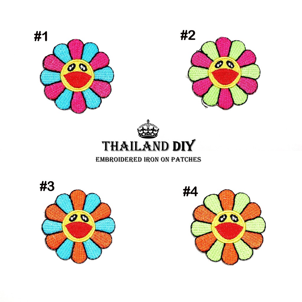 ตัวรีดติดเสื้อ ลายดอก ดอกไม้ หน้ายิ้ม หลากสี Funny Smiley Flower Face Patch งานปัก WOP DIY ตัวรีด อา