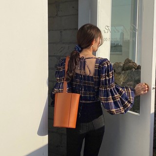 ♡ Maki Plaid ♡ square long sleeve top with tied bow l 2 colors : navy/red- oncemore.s