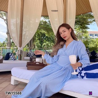 PP15588 แม็กซี่เดรสยาวแขนยาวลายริ้ว