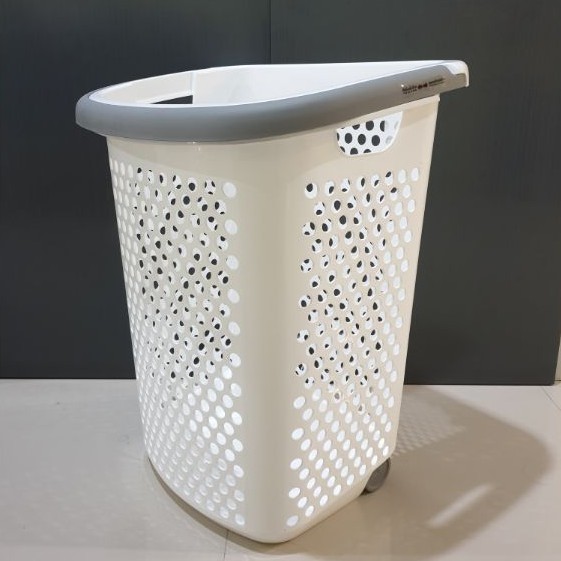 ตะกร้าผ้า ตะกร้าใส่ผ้า ขนาดใหญ่จัมโบ้ สีขาว มีหูลากสีเทา มีล้อ